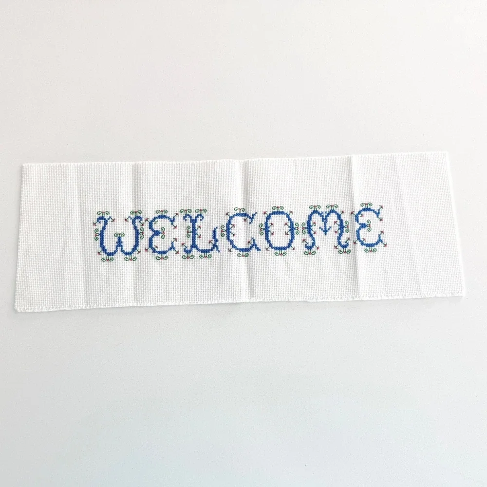 Handmade Welcome Cross Stitch Embroidery Sampler Blue Floral Decor‎ 17.5x6